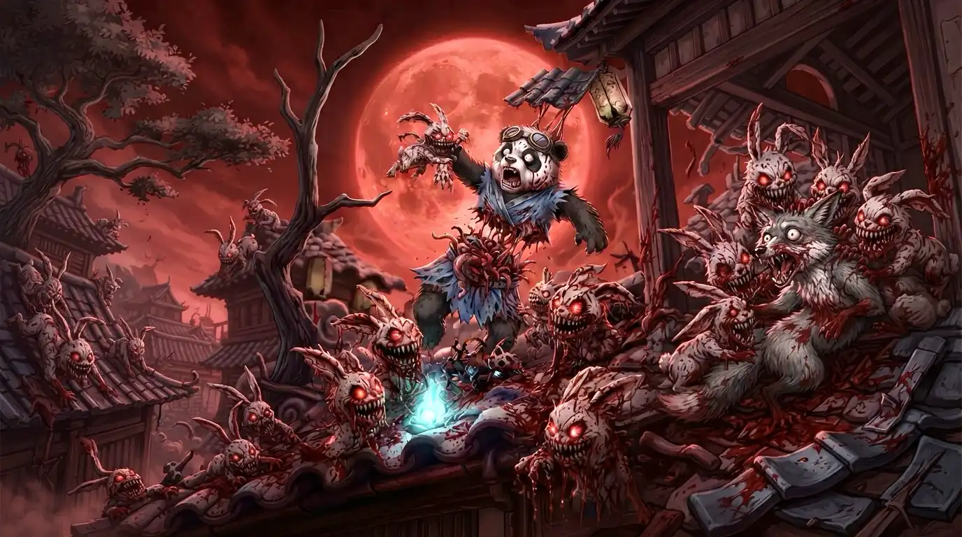 A panda screaming in terror under a blood moon, surrounded by demonic red-eyed animals with exposed teeth and claws swarming over rooftops and through the streets, a fox with glowing red eyes among the horde on the right, a faint blue glow from a crushed pamphlet on the ground, the good vibes are gone