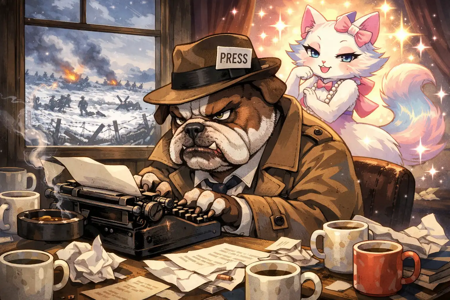 Grizzled veteran reporter Griff Harpoon stares across a cluttered newsroom, projecting skepticism, fatigue, and confrontation.