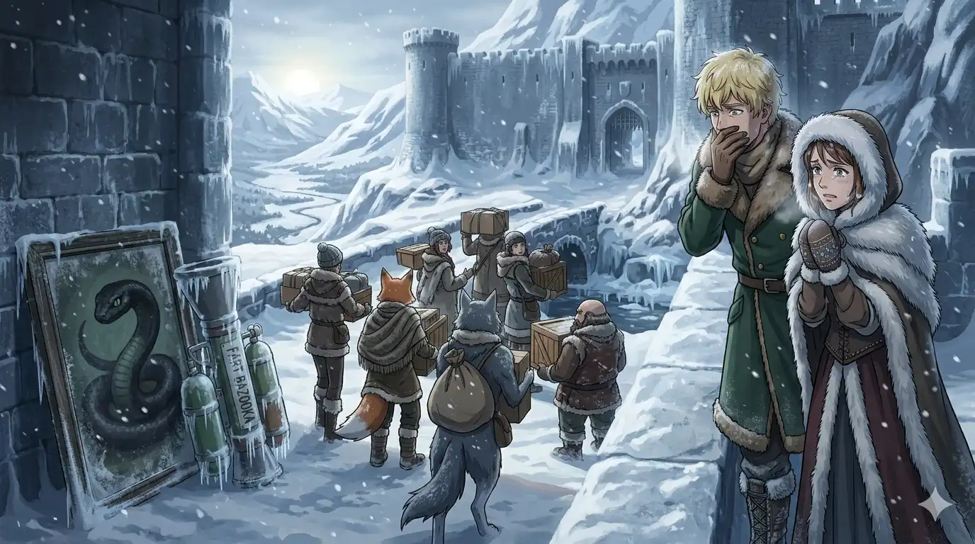HAVOC members filing out of an alliance hall carrying their belongings, Dooly's enormous portrait still hanging on the wall behind them, SNK leadership watching from the doorway with the expression of people who have learned an expensive lesson, someone forgot their fart bazooka