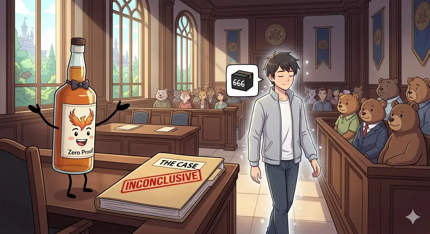 A courtroom with an inconclusive stamp on a thick folder, Zero Proof at the defendant's table gesturing broadly at bears, 666 walking out looking relieved and faintly glowing with innocence