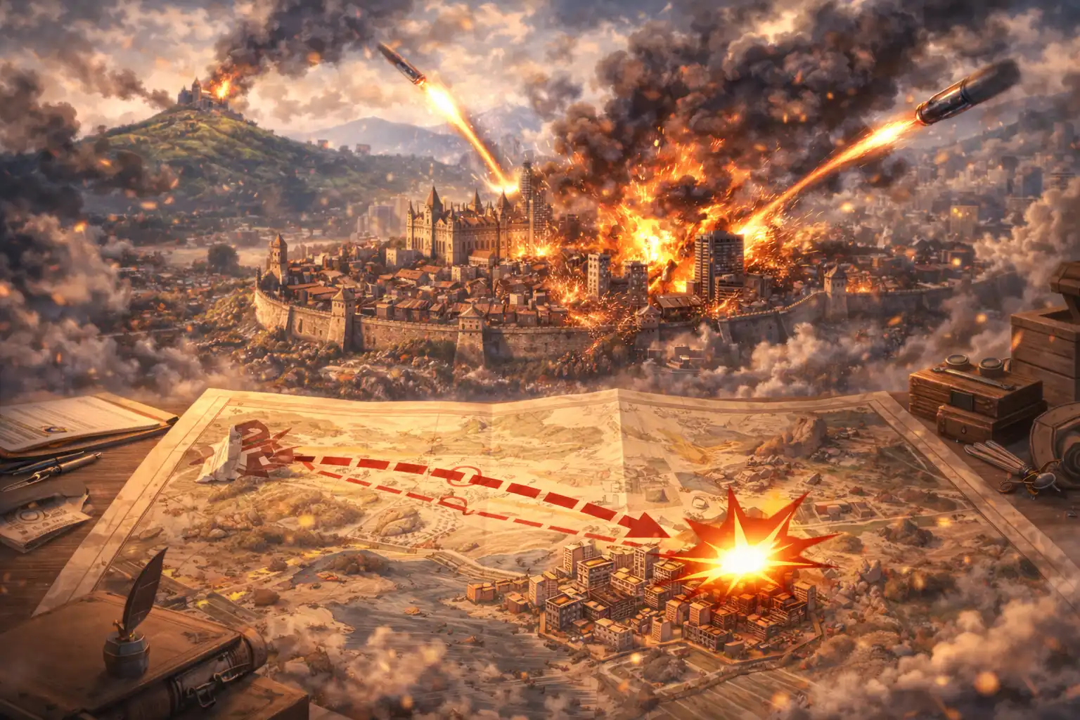 Documentary-style landscape of a lone city getting rocked by explosions meant for a nearby turret, while a map in the foreground shows the city positioned exactly in the line of fire