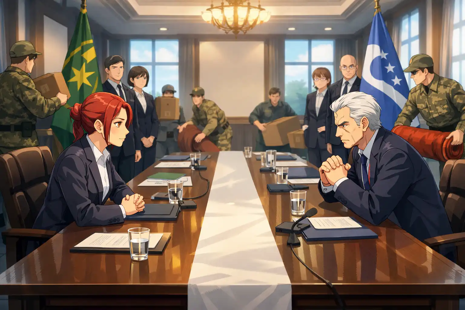 Two presidential figures across a very long table, flags from both states, someone has already started moving furniture, nobody looks entirely comfortable