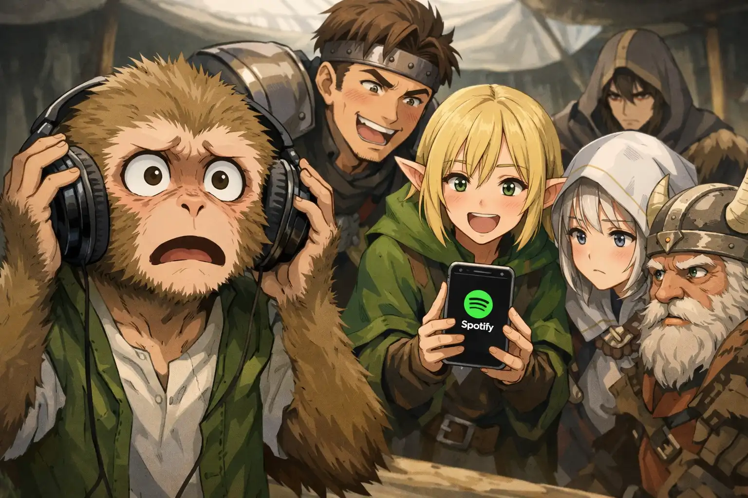 Documentary-style image of Monkey holding headphones looking bewildered while other alliance members gather around a phone showing Spotify, expressions ranging from amused to concerned