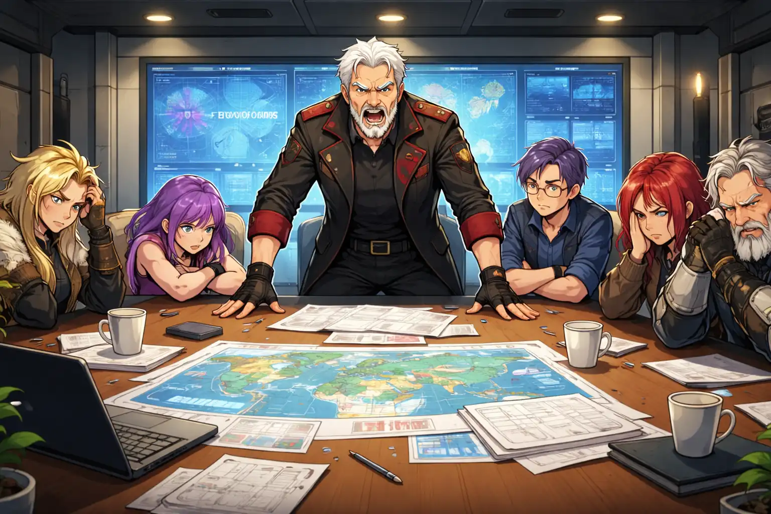 Documentary-style shot of a command room meeting where one person stands yelling while everyone else sits in uncomfortable silence, all clearly thinking the same thing but not saying it