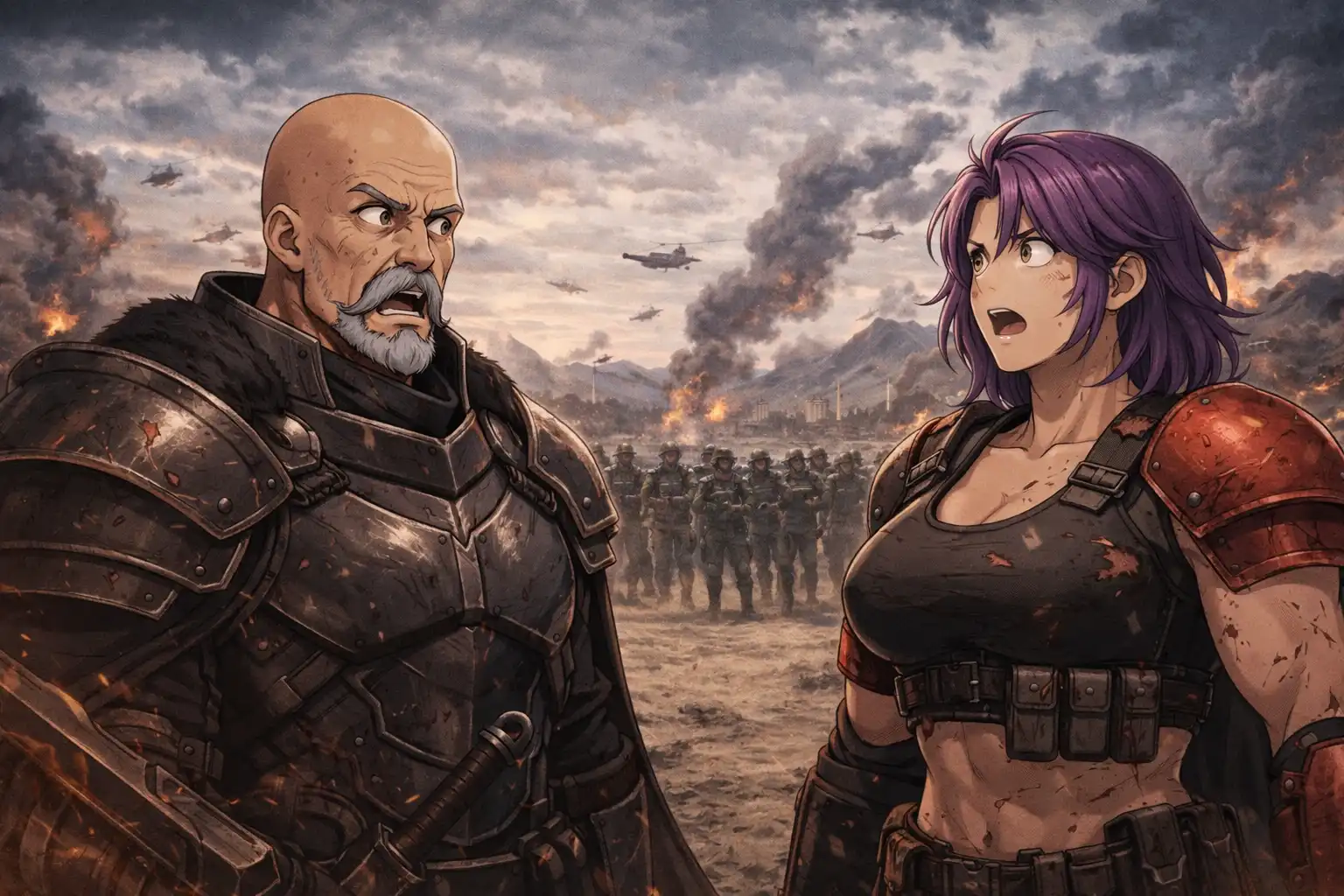 Documentary-style image of Mordukai and Whaleslaughter standing on the same side of a battle line for the first time, both looking equally surprised about it, ETF in the distance