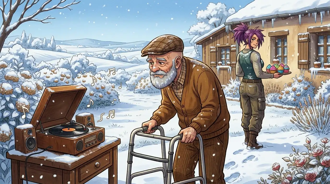 Mordukai a bald guy with a beard and mustache looking old and using a walker standing next ta a record player with music notes - a muscular purple haired woman in the back ground carrying a plate of cupcakes