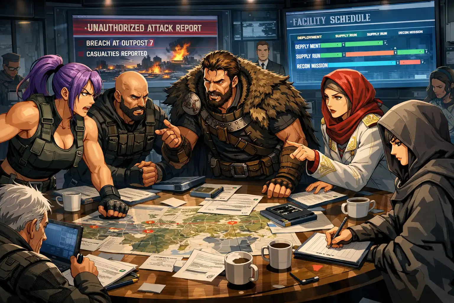 Documentary-style image of a tense meeting room with alliance leaders around a table, some arguing, some taking notes, screens showing facility schedules and unsanctioned attack reports