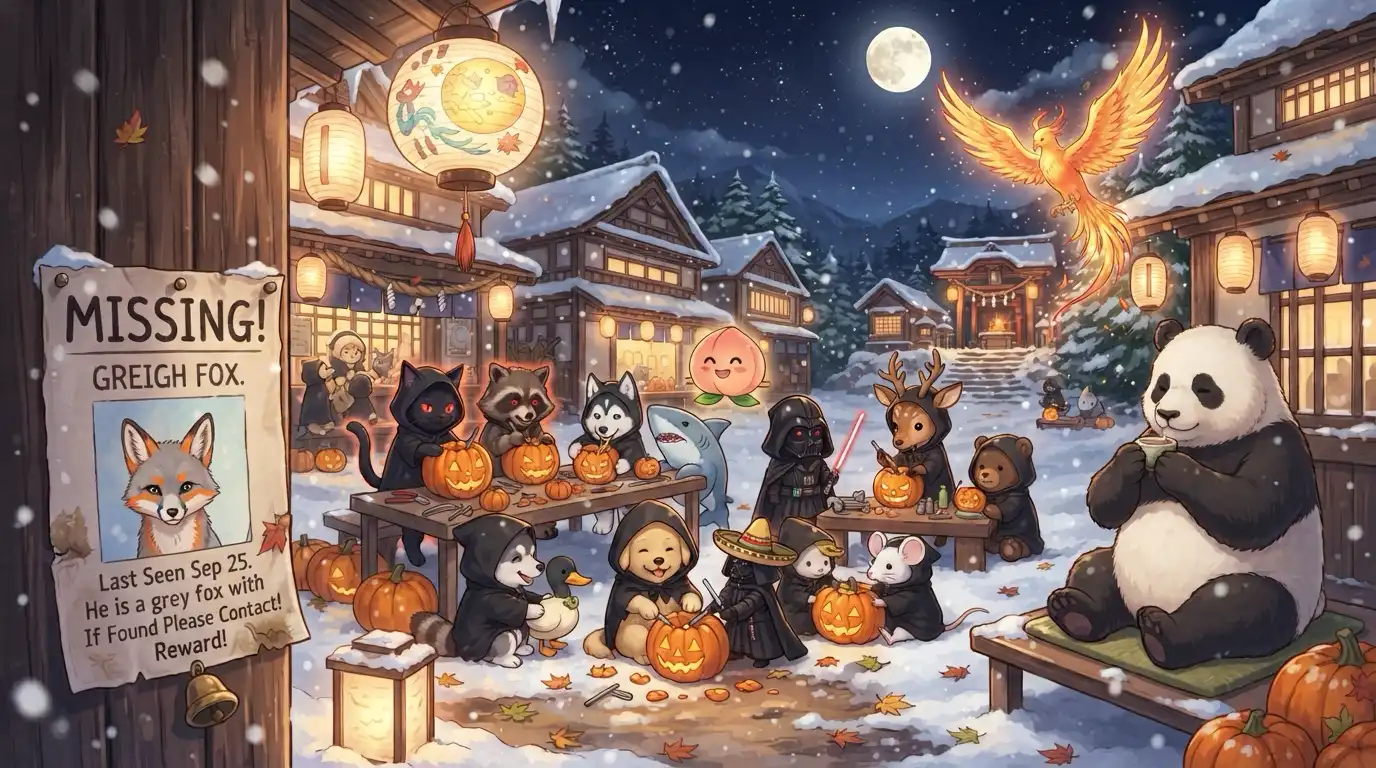A snowy village at night under a full moon, lit by paper lanterns. Small animals in black hoods carve jack-o-lanterns at wooden tables, including a black cat and a raccoon with glowing red eyes, a husky, a deer, a bear cub, a mouse, a puppy, and a duck, along with a toy shark, a smiling peach, and one in a Darth Vader costume holding a red lightsaber. A panda sits calmly on a bench sipping tea. A glowing phoenix flies overhead. In the foreground a poster nailed to a post reads Missing, Greigh Fox, last seen September 25, reward.