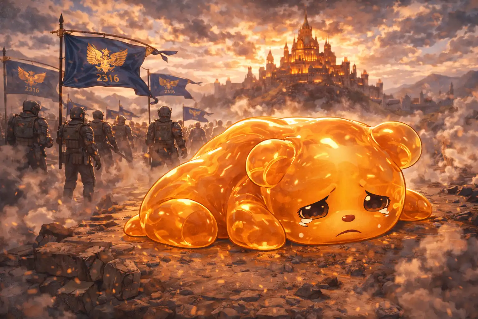 Documentary-style landscape of a battle pet looking sad and deflated like a giant gummy bear, while State 2316 marches triumphantly into the Sunfire Castle in the background