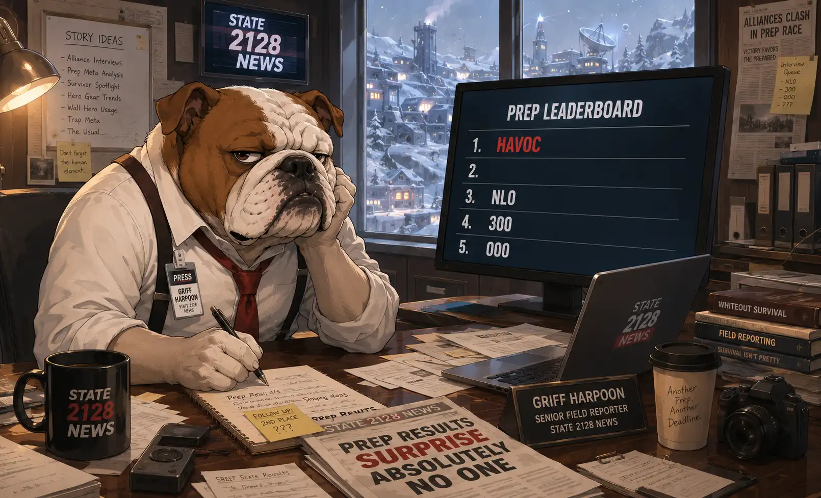 Griff Harpoon at his desk reviewing a prep leaderboard, HAVOC at the top, second place conspicuously blank, expression of a man who has seen this before