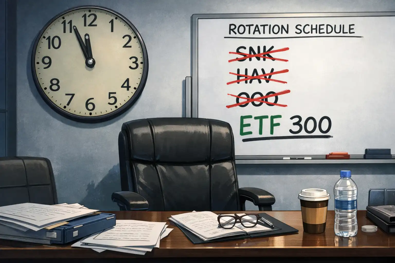 Documentary-style shot of an empty chair at a leadership table while others shake hands over documents, clock on wall showing late hours, rotation schedule crossed out on whiteboard
