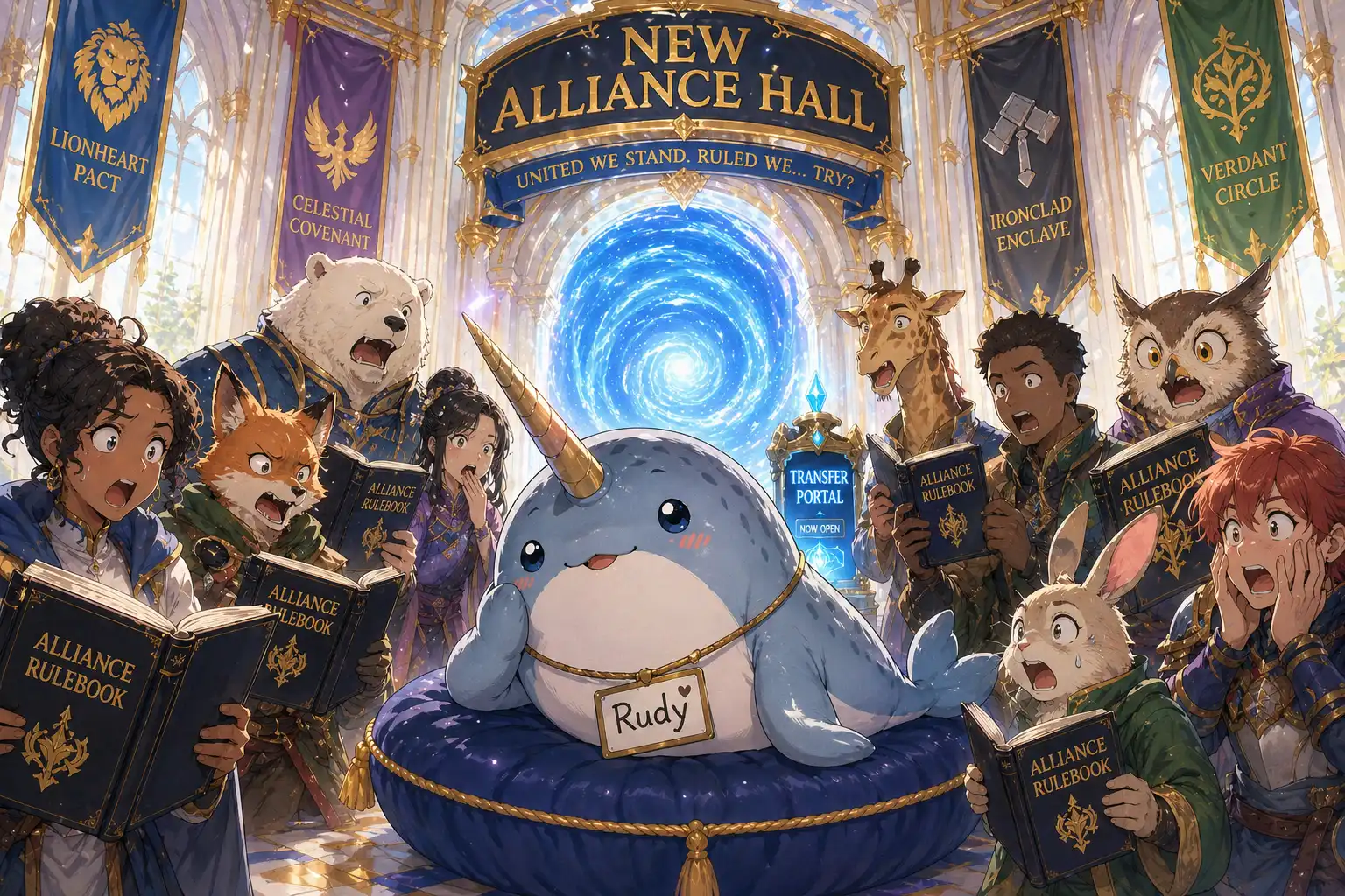 A narwhal in a new alliance hall looking completely unbothered while the surrounding alliance members clutch their rulebooks in horror, a transfer portal still glowing behind him