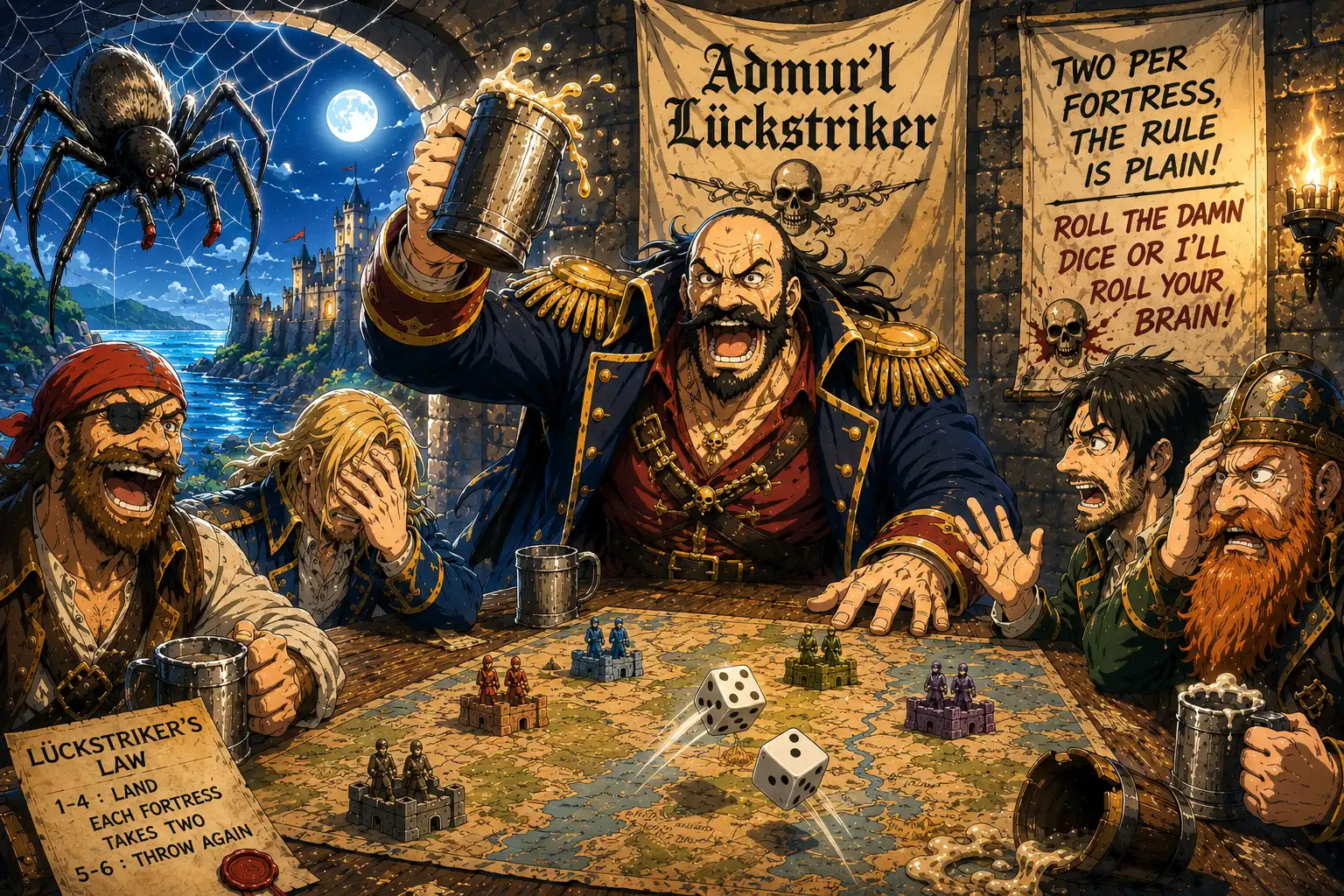 Admiral Lückstriker slams his tankard on a fortress map table screaming Roll the damn dice or I'll roll your brain, alliance members recoiling, a giant spider watching from a web in the corner, dice mid-roll across the map