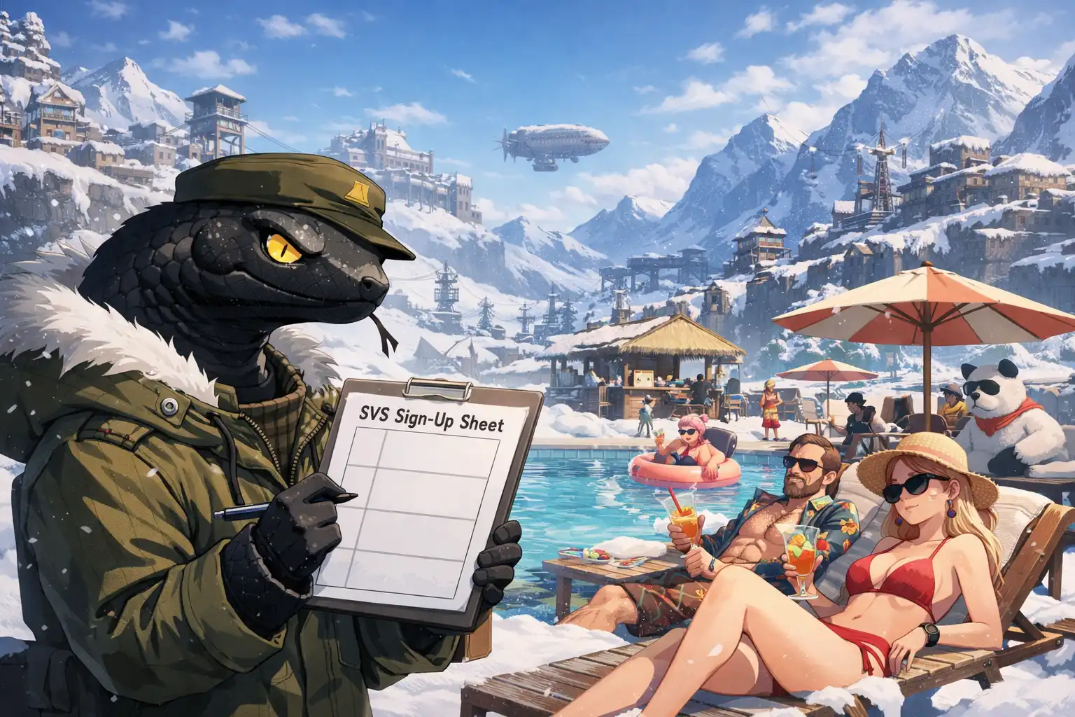 Documentary-style image of President Dooly staring at a completely empty sign-up sheet while alliance members lounge in the background with sunglasses and tropical drinks, utterly unbothered