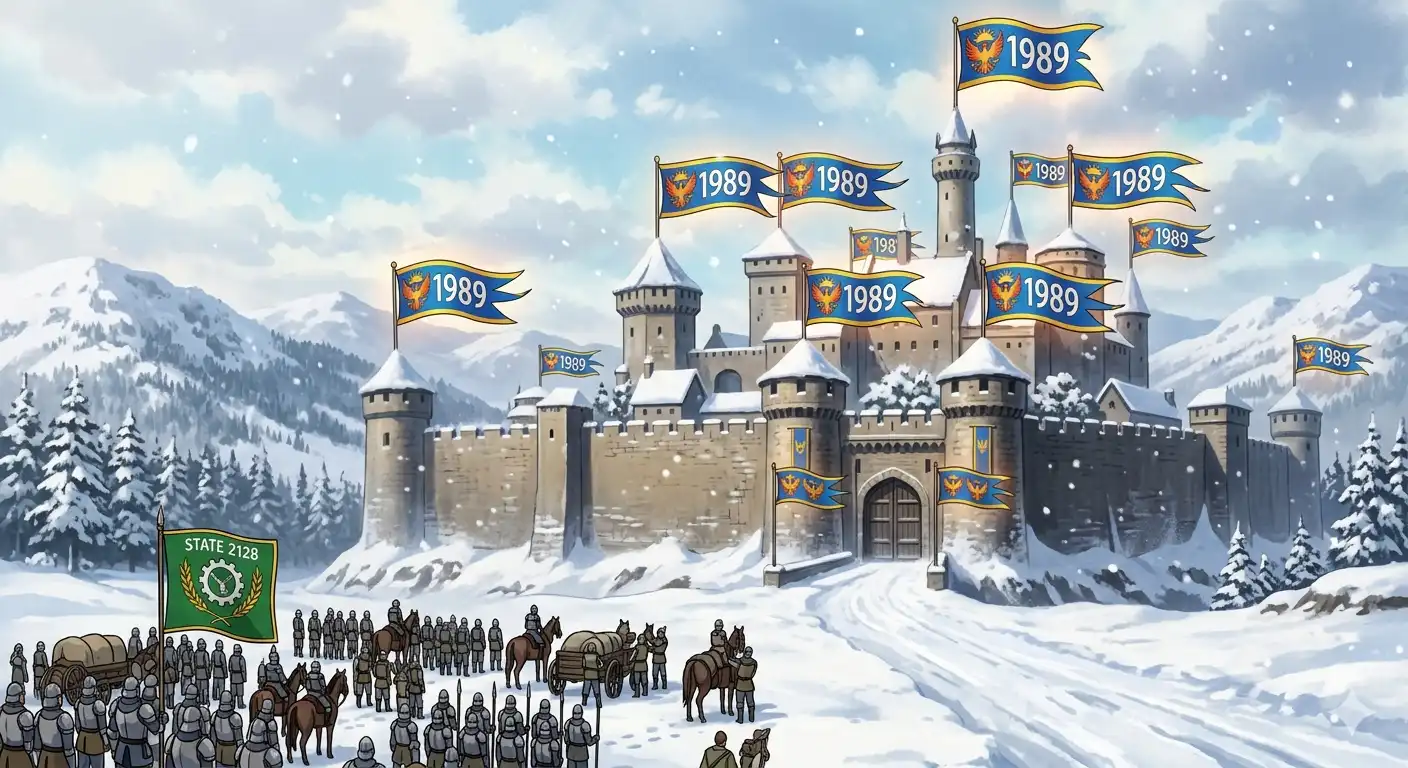1989 banners flying over the Sunfire Castle, all turrets captured, State 2128 regrouping outside the gates