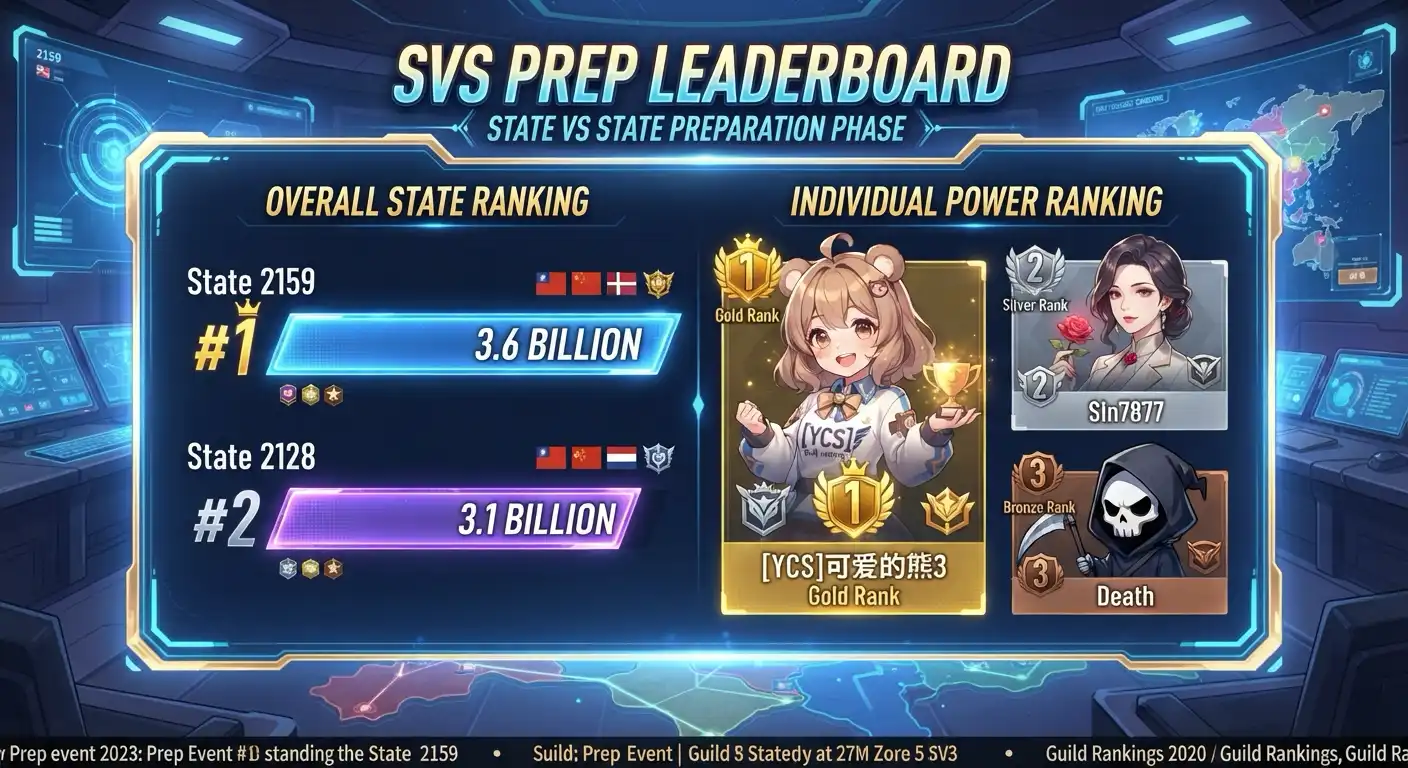 SVS prep leaderboard showing State 2159 leading overall with 3.6 billion points to 2128's 3.1 billion, Sin7877 and Death visible in silver and bronze