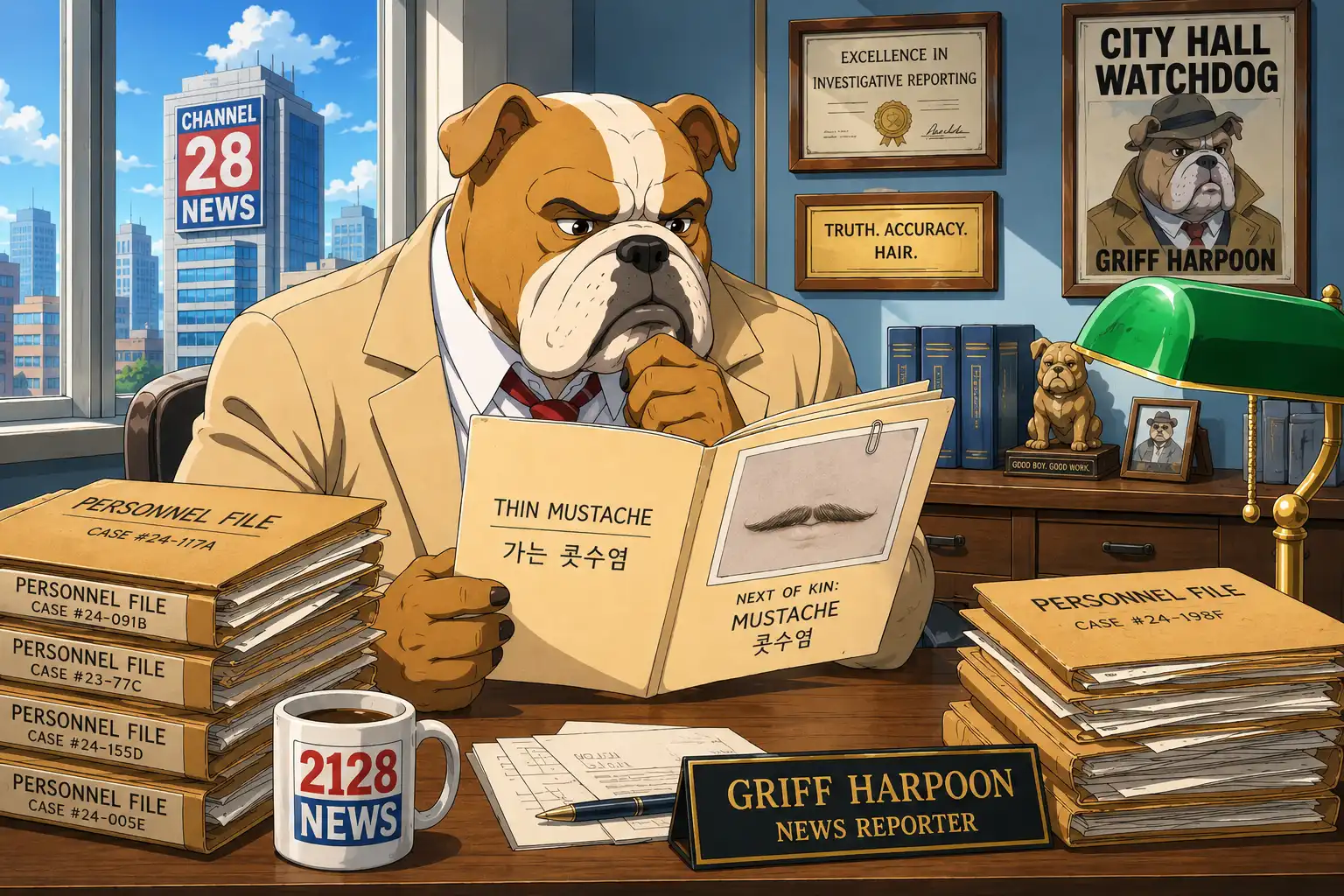 Griff Harpoon at his desk with five personnel files open, pausing longest on the one that is just a photograph of a mustache with a mustache listed as next of kin