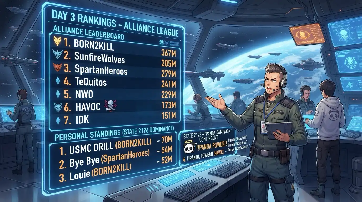 Four 2196 alliance banners towering over the battlefield, a lone panda warrior standing in fourth place with a glowing green nameplate reading PANDA POWER, the original name Death visible underneath in faded text