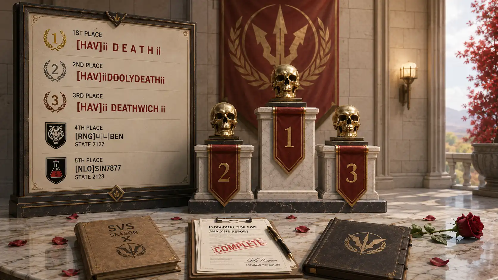 Griff Harpoon staring at a podium with three identical death skulls on it, clipboard in hand, expression suggesting this is not the strangest thing he has filed this week but it is close