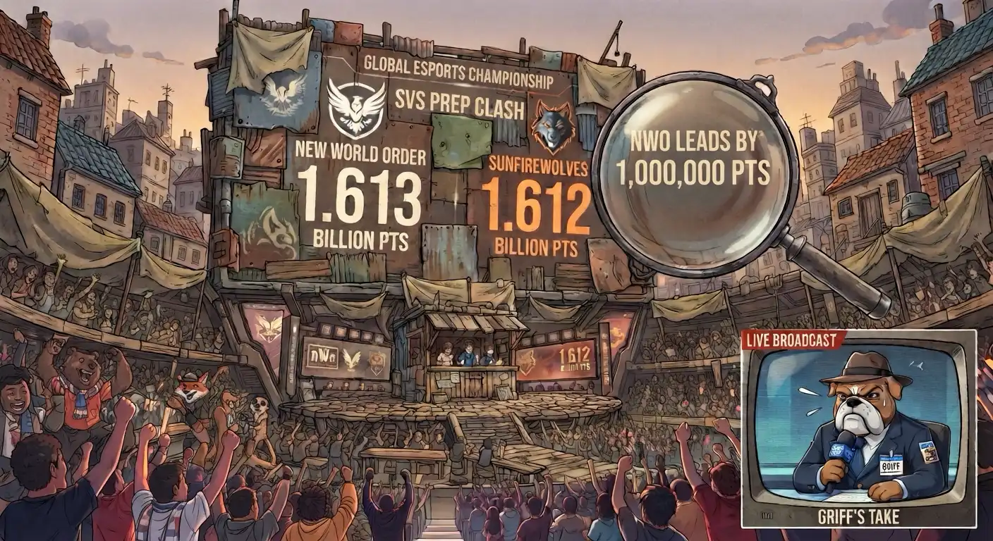 A scoreboard showing NWO and SunfireWolves neck and neck at 1.6 billion points, a magnifying glass hovering over the one million point gap, Griff in the corner shaking his head