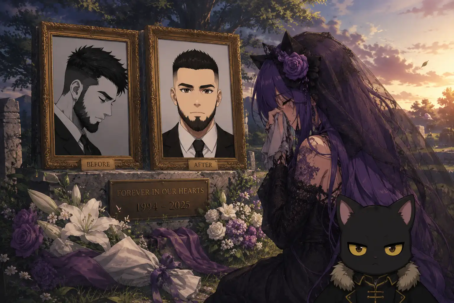 A before and after memorial display for a profile picture, flowers laid at the base, a figure in a dramatic veil and purple hair dabbing her eyes with a handkerchief, the veil doing absolutely nothing to conceal who this is, Black Tataro looking forward facing and completely unbothered