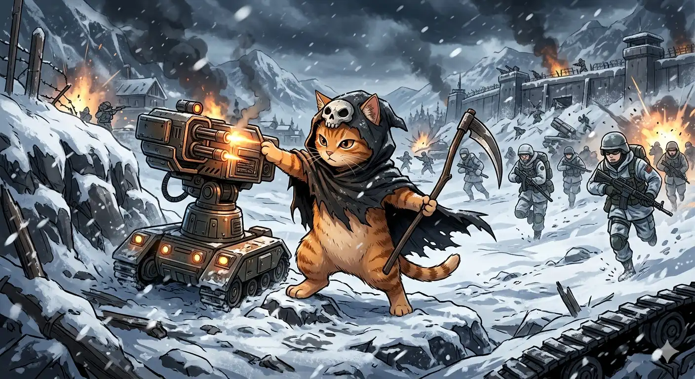 A lone cat warrior holding a castle turret against waves of attackers, banners of NLO and 300 visible on the walls, battle raging below