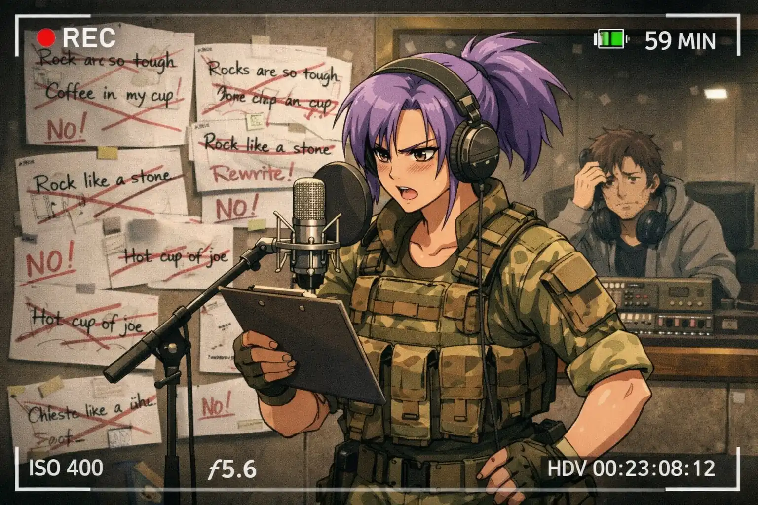 Documentary-style shot of a recording studio with Whaleslaughter at a microphone, walls covered in crossed-out lyrics and coffee cups, producer in the background looking exhausted and confused