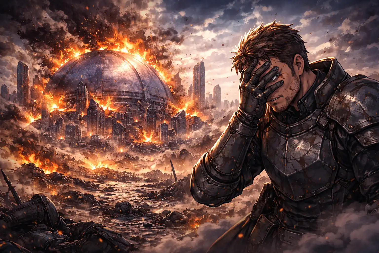 Documentary-style landscape of a shiny silver globe-skinned city engulfed in flames after a failed battle, while a frustrated commander facepalms in the foreground