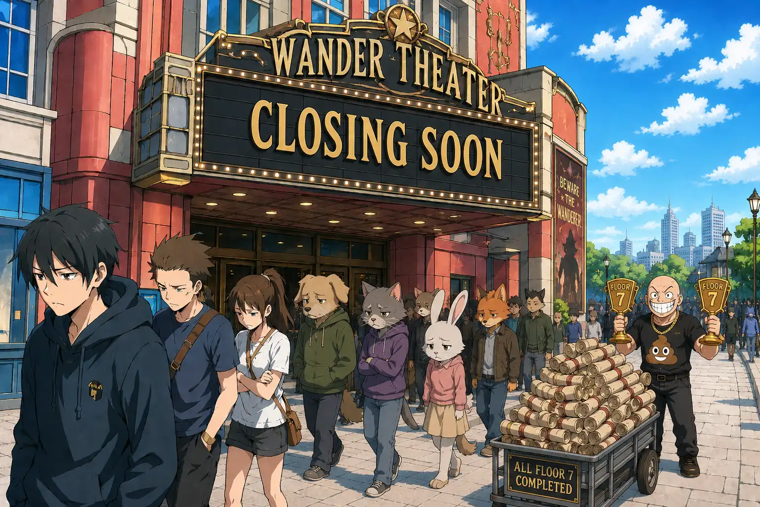 The Wander Theater marquee going dark, a small crowd of dissatisfied players filing out, one figure in the distance holding two Floor 7 trophies looking extremely smug, nobody acknowledging him