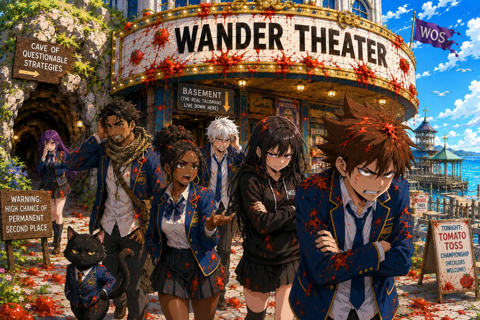 Anime students in WOS blazers walking out of Wander Theater covered in tomatoes looking personally offended, a cave marked Cave of Questionable Strategies to the left, a basement sign promising the real Talismans live down there, a small cat in a blazer bringing up the rear, a sign advertising tonight's Tomato Toss Championship where hecklers are welcome