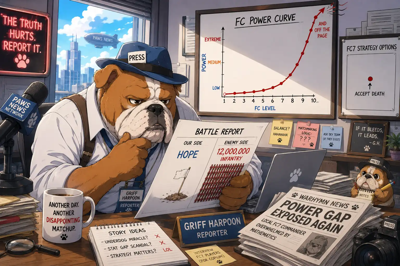 Griff Harpoon at his desk reviewing a battle report that shows one side had twelve million infantry and the other side had hope, a chart on the wall labeled FC Power Curve showing a line that goes straight up and then off the page, a smaller chart labeled FC7 Strategy Options showing a single dot labeled 'accept death'