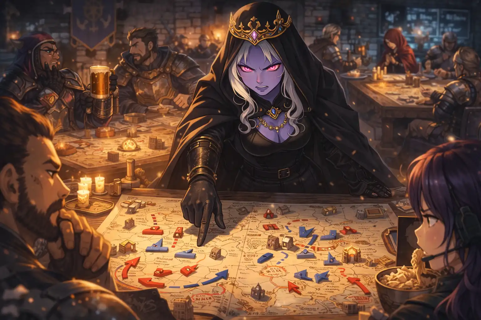 Documentary-style image of Queen Zar pointing at detailed battle diagrams on a command table while half the commanders follow instructions and the other half do their own thing in the background