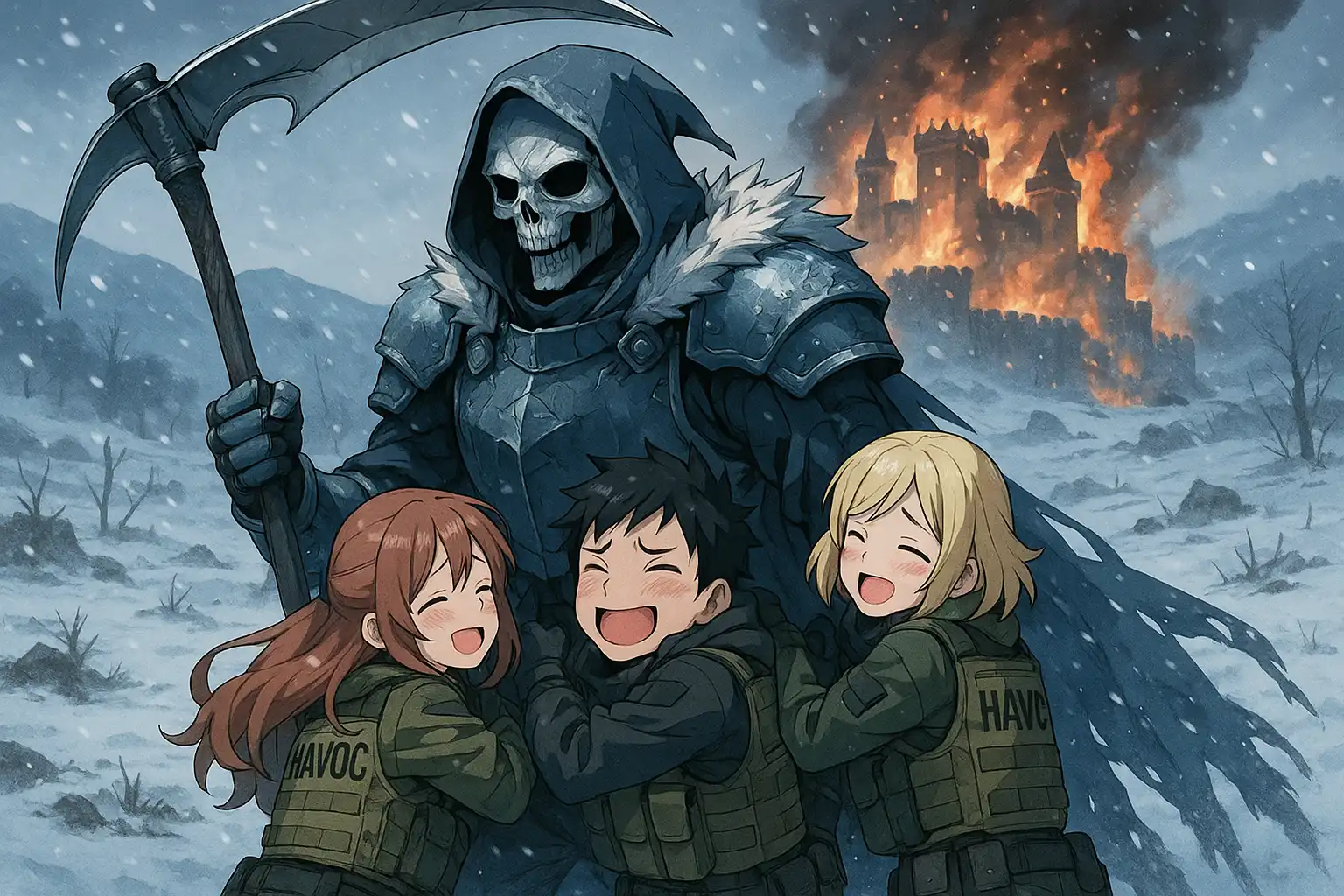 Anime-style grim reaper in winter armor leaning on a scythe while HAVOC fighters cling to him in a snowy battlefield, refusing to let him leave.