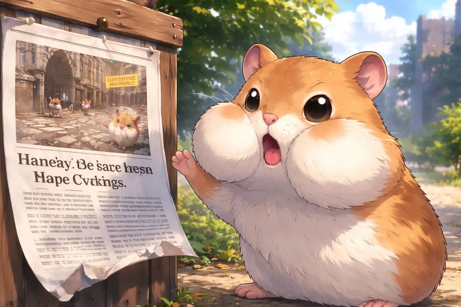 A small hamster standing in front of a printed news article, looking shocked and offended, cheeks extremely full, one tiny paw raised as if arguing with the paper