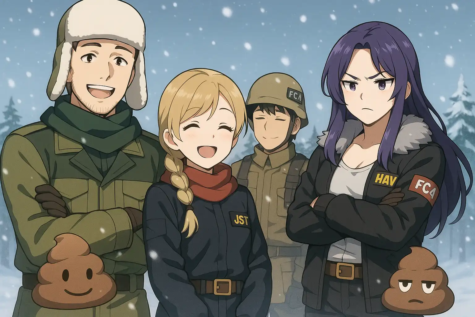 Anime-style scene of HAVOC and JST fighters standing side by side in the snow, smiling awkwardly while Whaleslaughter mutters from the background with crossed arms.