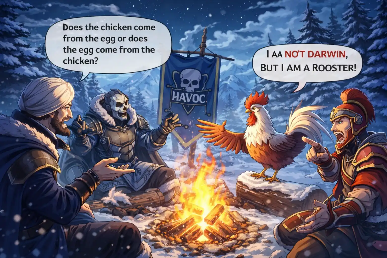 Anime-style HAVOC alliance members gathered around a snowy campfire, debating the chicken and egg dilemma with exaggerated gestures and one rooster dramatically perched on a log.