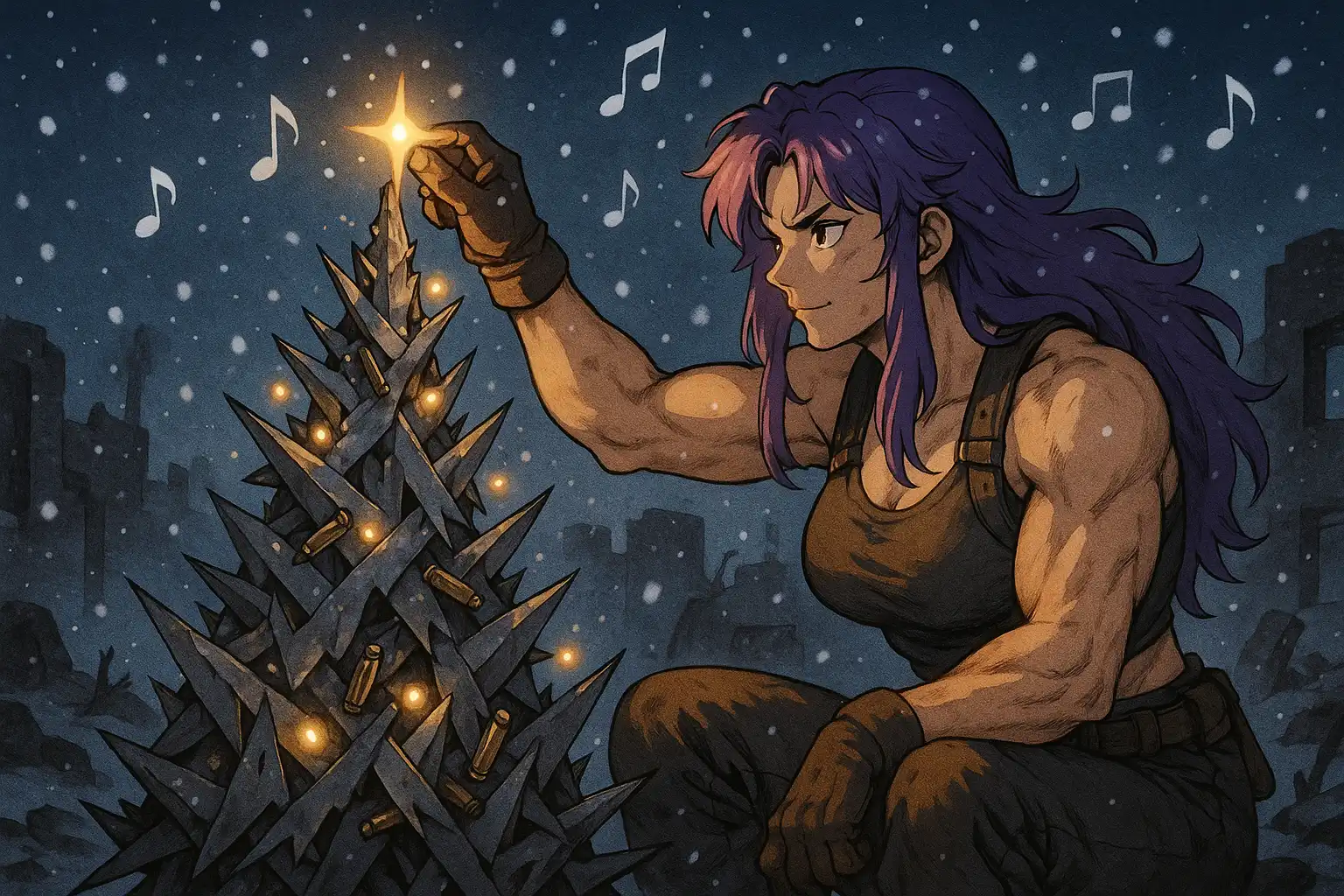 A war-torn Christmas tree built from metal shards and bullet casings, glowing under falling snow like battlefield holiday décor.