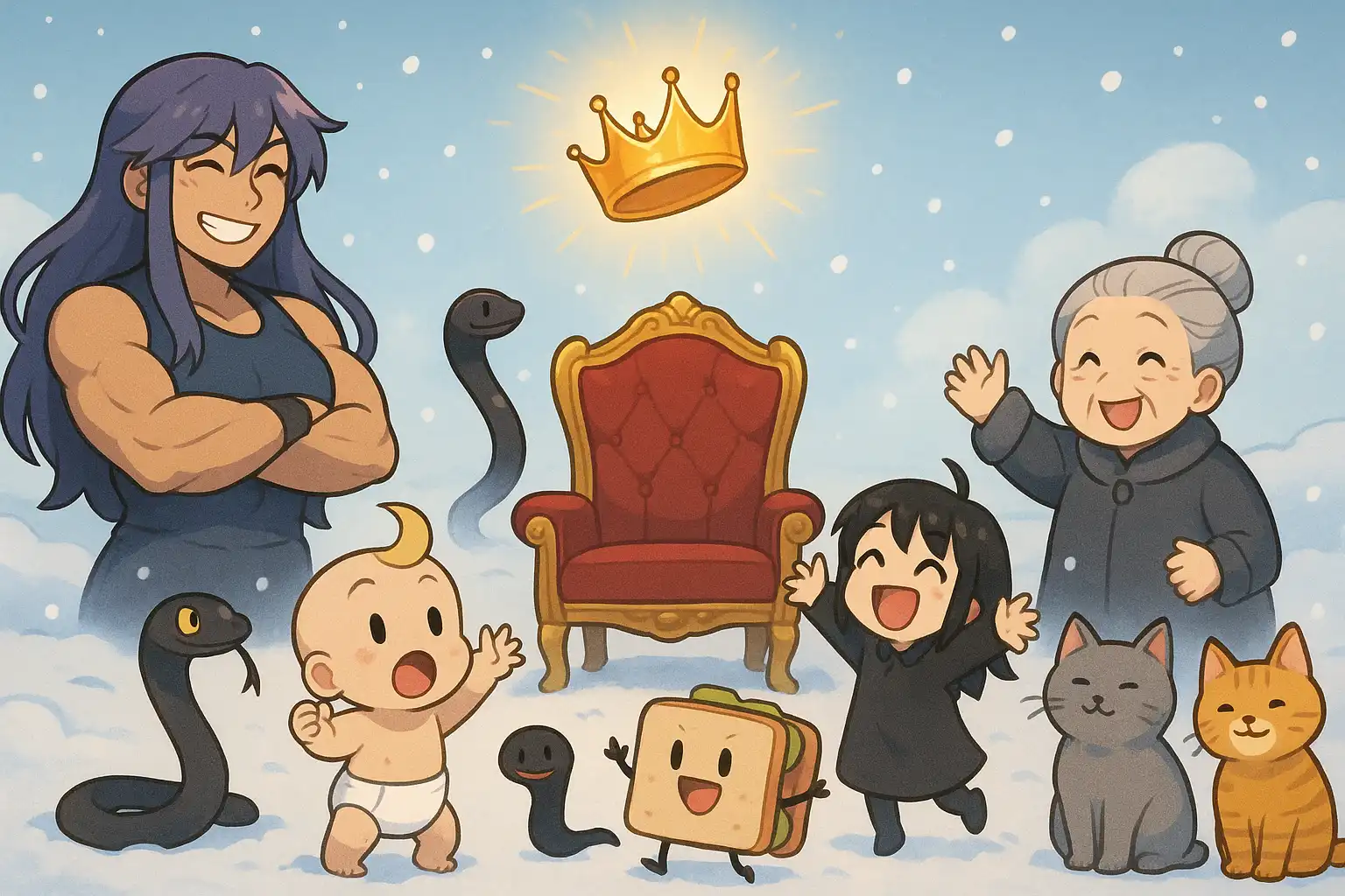Anime-style winter battlefield with HAVOC banners towering over a defeated enemy camp while several nervous officers argue around an empty glowing throne, true 2:1 landscape