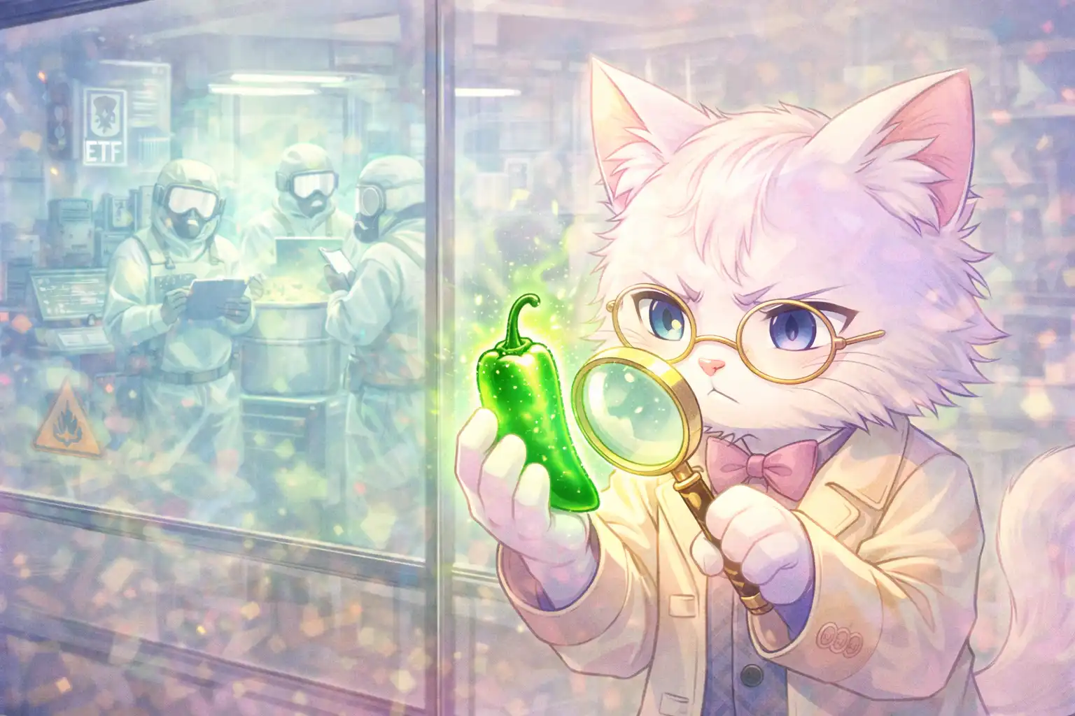 Anime-style Catty Von Catacean holding a single glowing jalapeño in her palm while ETF scientists in hazmat suits frantically take notes behind a glass lab wall.