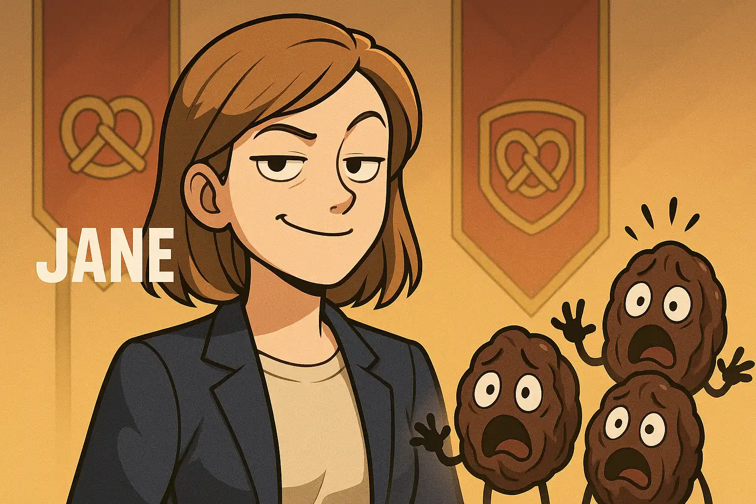 Anime-style portrait of Jane as a calm, respected leader in Snack Kingdom, soft glow, alliance banners behind her, warm yet powerful presence, 3 terrified raisins in the bottom left. true 2:1 landscape