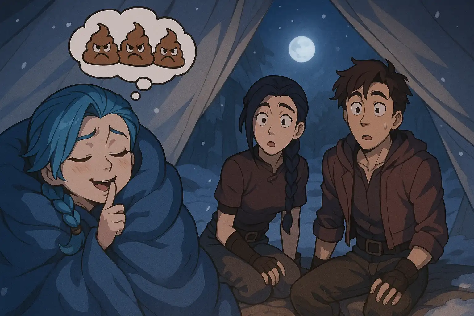 Anime-style sleeping warrior wrapped in blankets in a snowy camp, whispering mischievously while nearby characters look confused and amused, moonlight glowing through tent fabric, 2:1 landscape