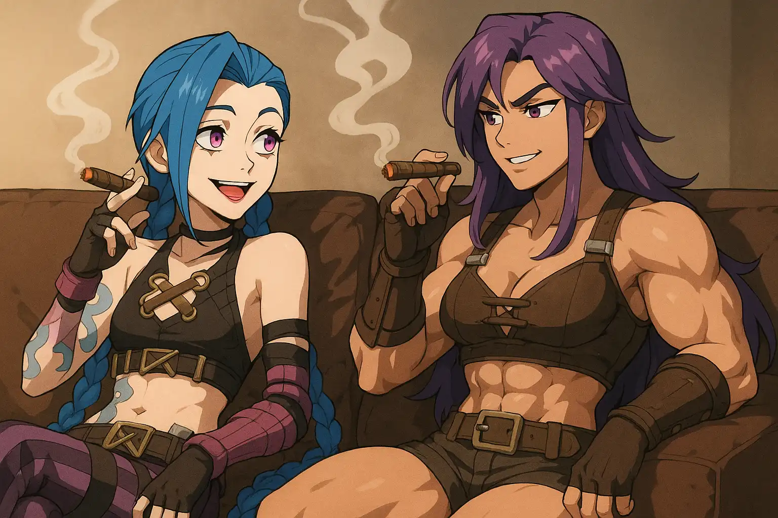 Two women lounging on a couch smoking cigars, dressed like off-duty warlords; Whales looking muscular and tough while Jinx laughs and happy to see her, ash scattering like falling snow.