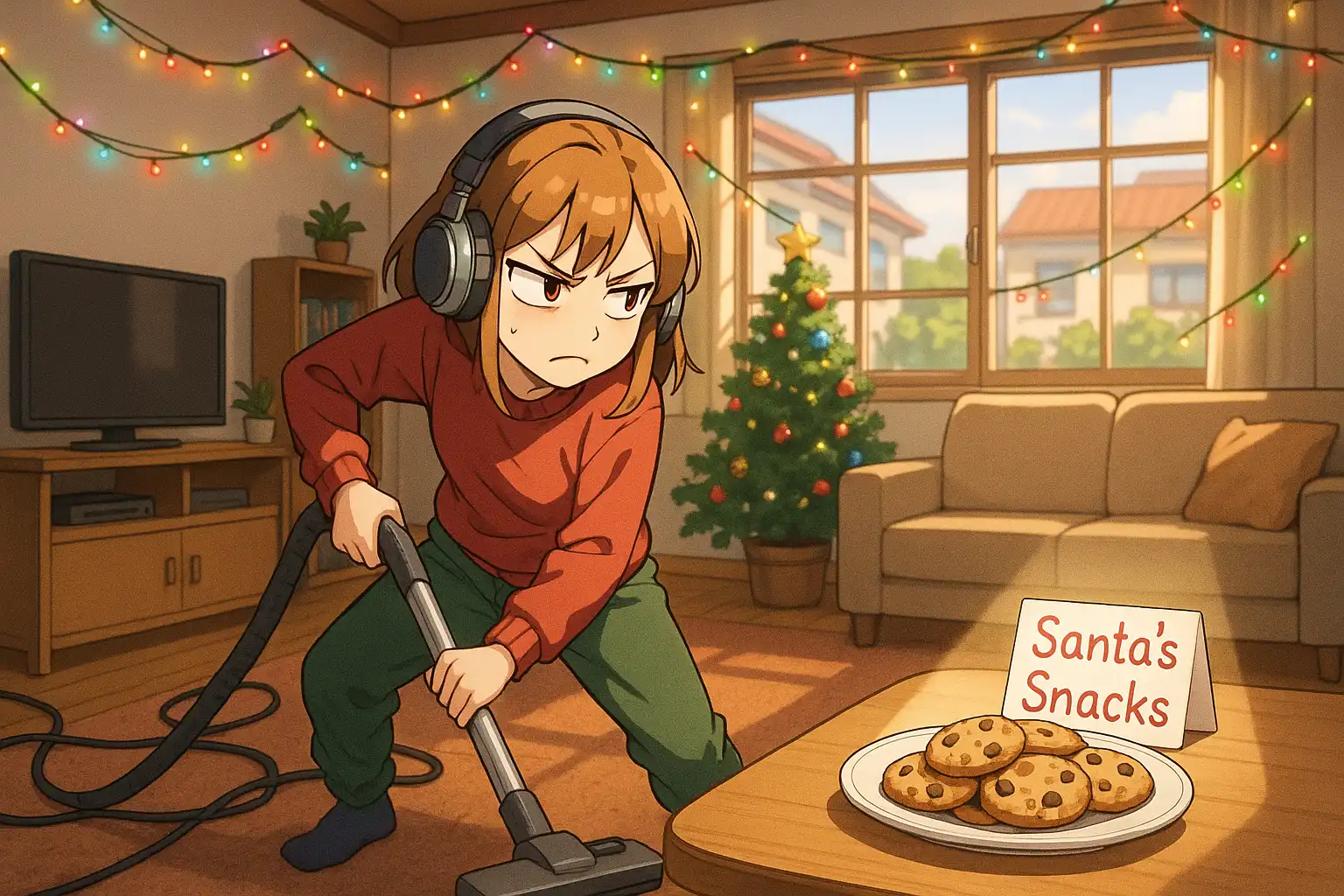 Anime-style cozy apartment with Christmas lights, Kayla vacuuming aggressively while wearing headphones, side-eyeing a plate of cookies labeled 'Santa's Snack' in harsh spotlight, 2:1 landscape