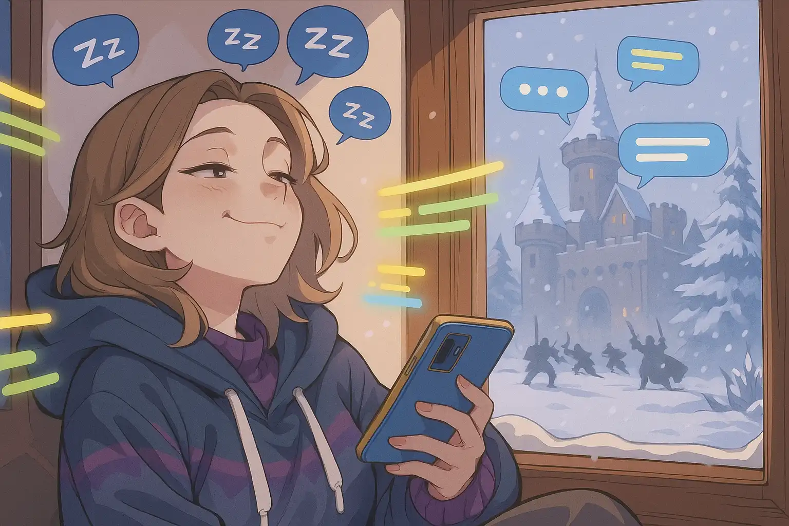 Anime-style Lady Runa lounging in a command chair surrounded by floating chat bubbles and unread messages while battle rages outside the window.