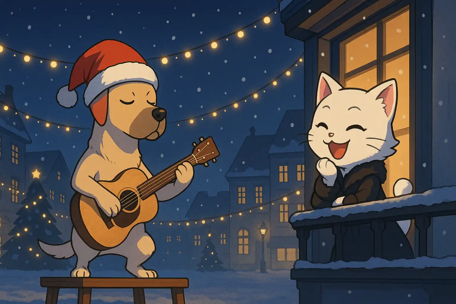 Anime-style snowy town square at night with twinkling lights, a Great Dane standing on a tiny wooden stage like a bard, strumming a guitar with heroic seriousness while Catty von Catacean observes from a balcony with delighted mischief, 2:1 landscape