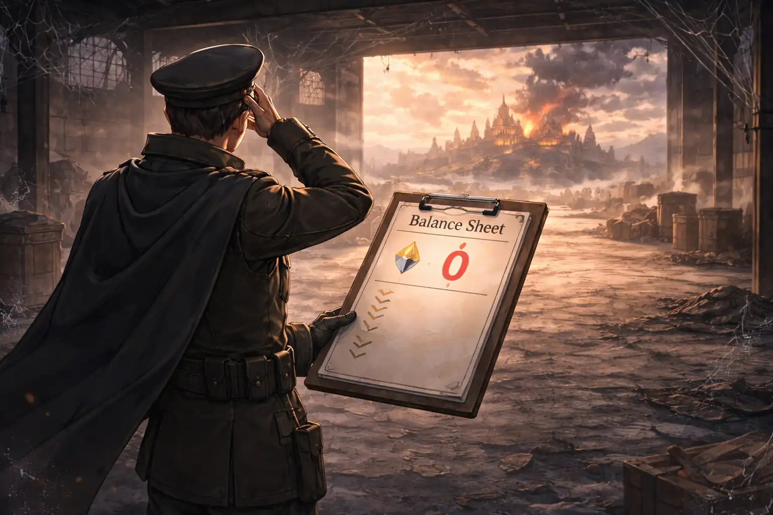 Documentary-style landscape of a TSA commander standing in a vast, empty warehouse with only a few cobwebs left, looking at a balance sheet of zero gems while smoke rises from the castle in the distance