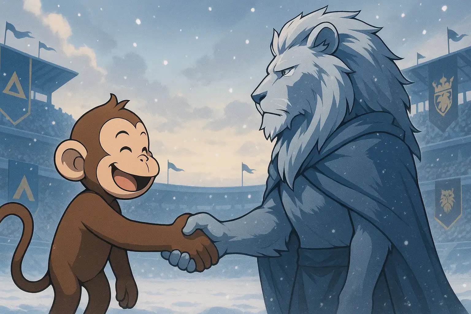 Cartoon Monkey and TSK KING 04 shaking hands in a snowy anime battlefield stadium, alliance banners in the background, respectful sportsmanship, true 2:1 landscape