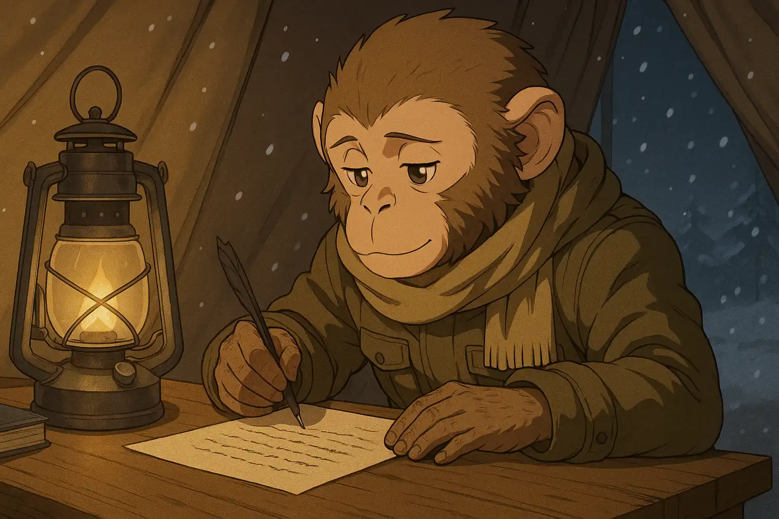 Anime-style scene of a cheerful soldier nicknamed Monkey writing a letter at a camp desk, lantern light glowing as snow falls outside the tent.