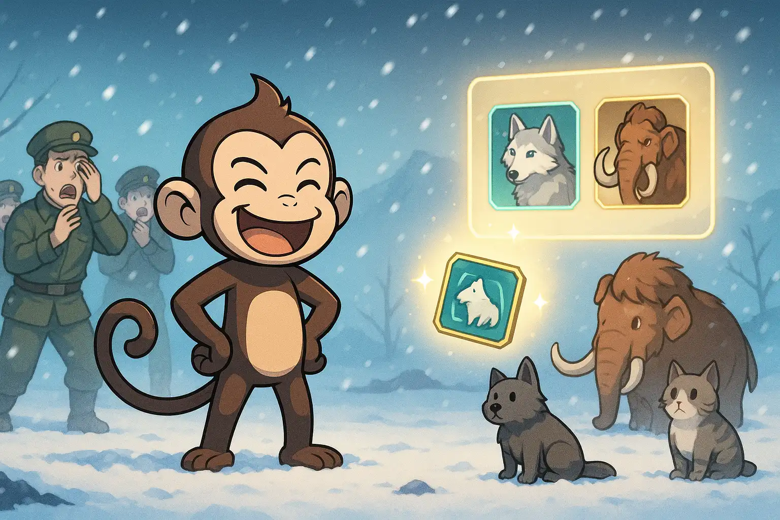 Cartoon monkey standing confidently on a snowy anime battlefield while confused officers stare at unused pet icons on a glowing interface, true 2:1 landscape