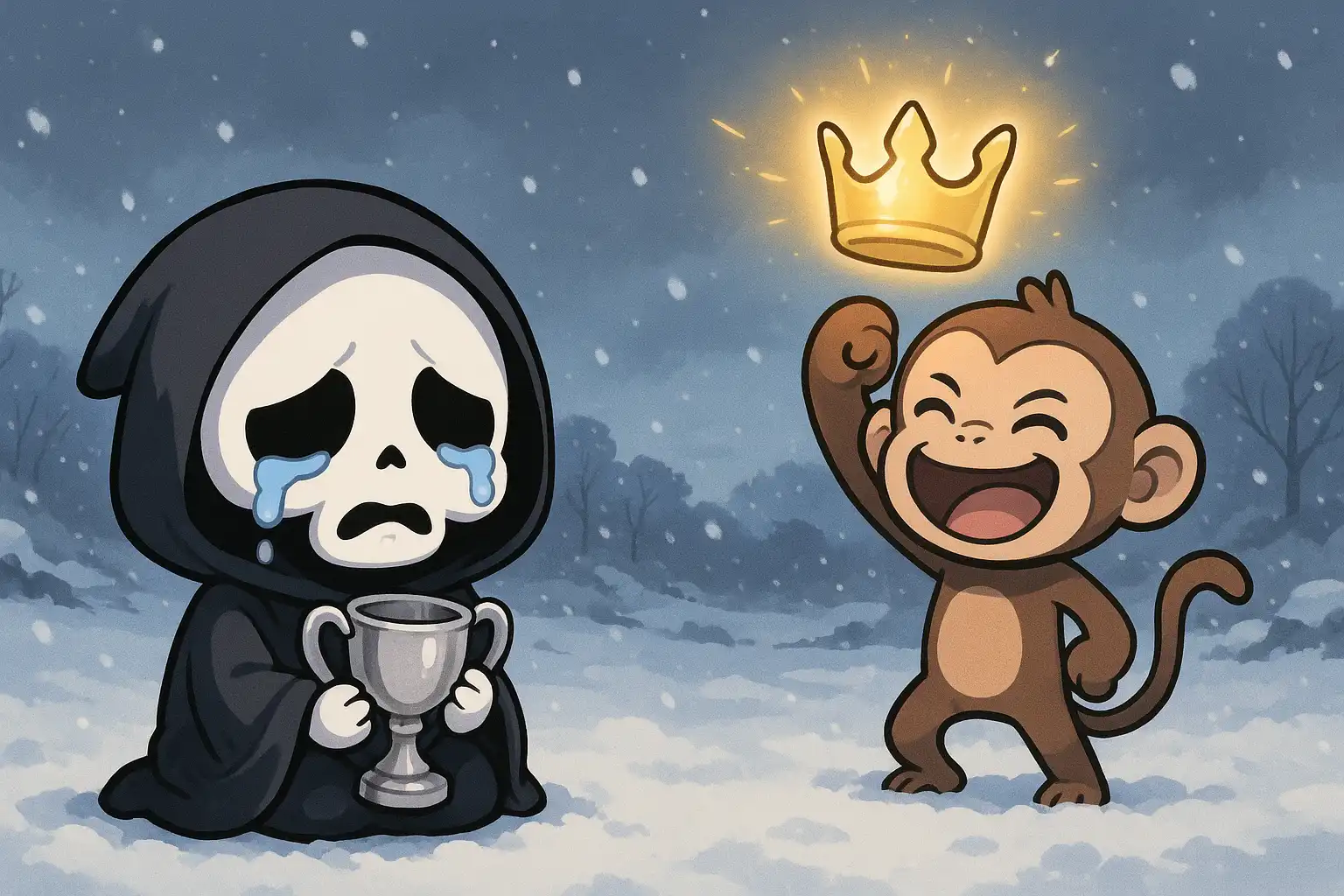 Crying chibi baby Death clutching a silver trophy while a joyful cartoon monkey holds a glowing crown on an anime snowy battlefield, dramatic upset, true 2:1 landscape